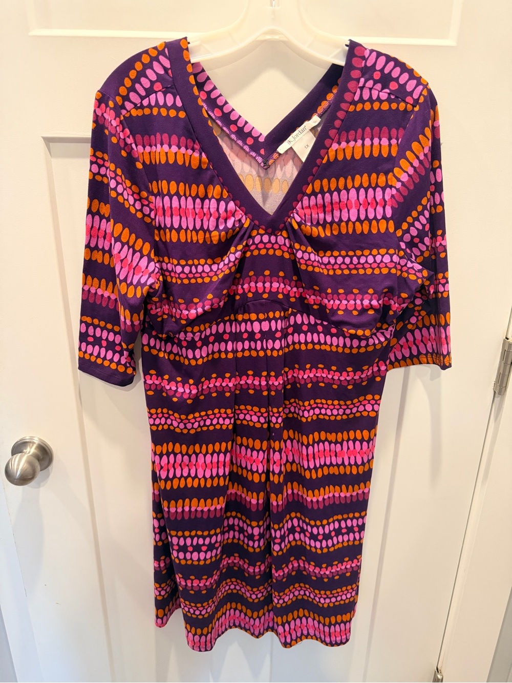K Jordan 1X Purple Pink Orange Geometric Empire Waist Stretch Dress